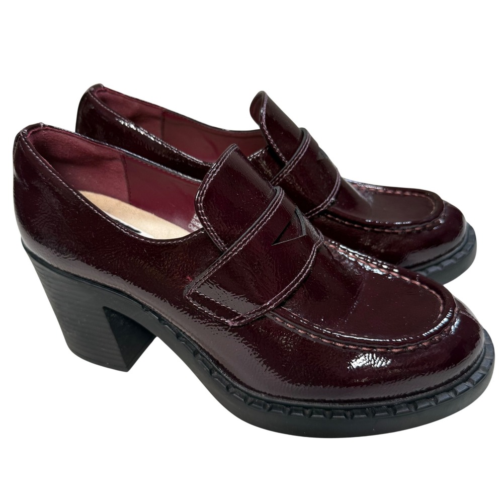 SO Burgundy Patent Penny Loafers 9 Dark Chunky Block Heel Comfort Officecore - Picture 4 of 12